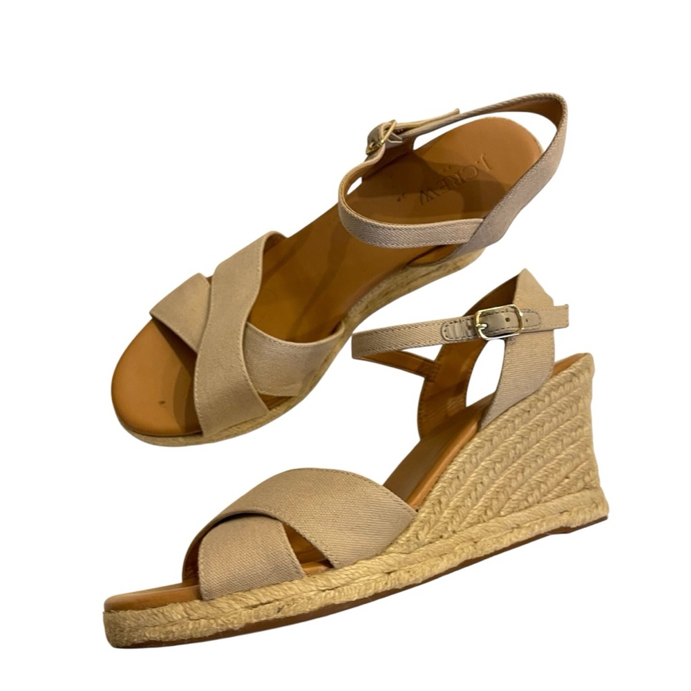 J. CREW Beige Canvas Espadrille Wedge Peep Toe Sandals - Women - Picture 3 of 6